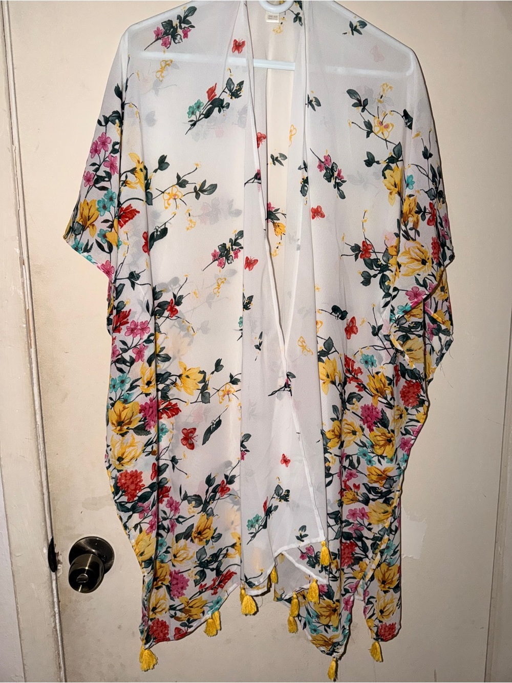 White Floral Sheer Kimono with Yellow Tassels